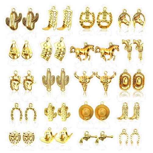MARFOREVER 40 Pcs/20 Pairs Western Cowboy Cowgirl Charms for Jewelry Making, Antique Gold Dangle Charm Boot Hat Horse Cactus Pendants for Bracelet Necklace Earrings Making Accessories