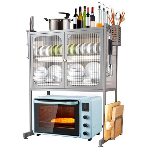 XIMSPHY Microwave Oven Rack for Kitchen, 4 Tier Countertop Organizer Stand with Storage Cabinet, Microwave Shelf for Utensils Tableware Storage (Grey)