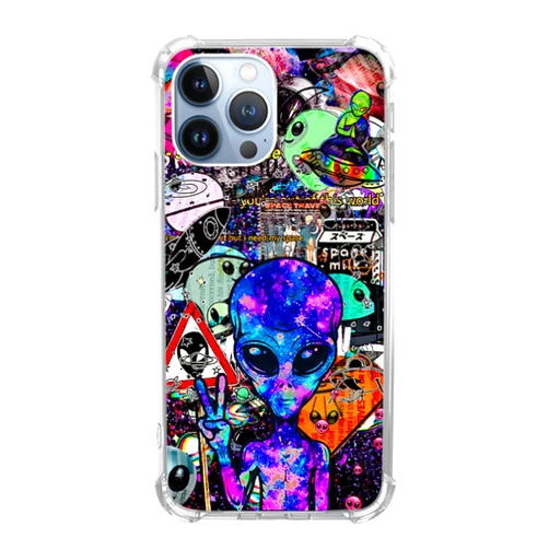 Junilotcik Psychedelic Alien UFO Astronaut Pattern Case Compatible with iPhone 13 Pro Max, Trippy Cool Alien in Space Case for Girl Men and Women, Trendy TPU Bumper Phone Case for iPhone 13 Pro Max