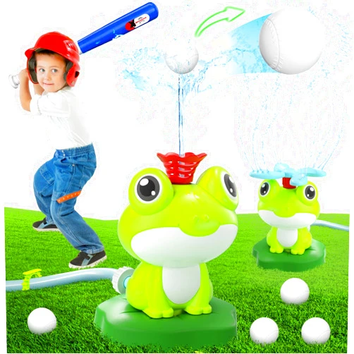 Handwell Water Sprinkler Baseball Toy for Kids: 2 in 1 Frog Sprinkler Tee Ball Set 360° Roating Spray Water Attaches to Garden Hose Outdoor Play for Boys Girl Summer Splashing Fun Backyard Lawn Pool Party Game