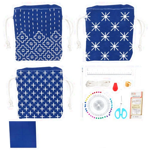 INFUNLY 3 Set Sashiko Drawstring Bag Kit Sashiko DIY Tote Bag Kit Flower Sashiko Fabric Sashiko Kit for Beginners Make Your Own Tote Bag Sashiko Thread and Needles Hand Sewing Kit for Adults