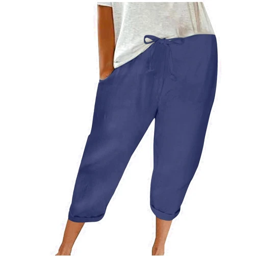 Bawilom Capri Pants for Women Casual Summer Drawstring Elastic High Waist Linen Pants Baggy Straight Leg Cropped Trousers