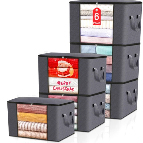 BlissTotes Storage Clothing Bags Storage Clothes Organizer with Reinforced Handle Sturdy Fabric Clear Window for Blankets, Bedding, Collapsible with Sturdy Zipper, 6 Pack, 60L, Grey