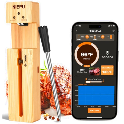 NIEPU 1000 FT Wireless Meat Thermometer, Cordless Meat Thermometer Digital, Food Thermometer for Cooking, Wireless Thermometer for Grilling, Smoker, Oven, BBQ Bluetooth Meat Thermometer for Kitchen