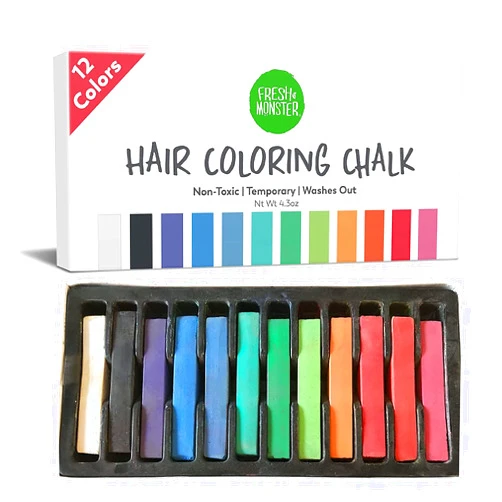 Fresh Monster Temporary Hair Coloring Chalk 12 Bright Colors Washes Out Easily Girls and Boys Non-Toxic and Safe for All Ages, Hair Colors and Textures Great Gift Idea