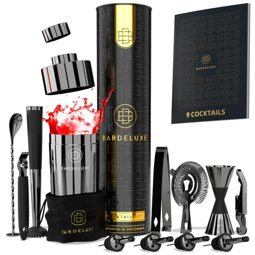 BarDeluxe Pro Mixology Bartender Kit - 12-Piece Cocktail Shaker Set for Home Bartending with Drink Shakers, Bartending Tools and Bar Accessories (Black)