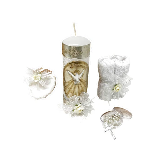 Arcángeles Mexicanos Catholic Baptism Kit with a Towel, a Candle, a Rosary and a Shell for Baby Boys and Girls. Handmade in Mexico Gift for Godparents. Holy Spirit Baptism Candle Set. Kit de Bautizo.