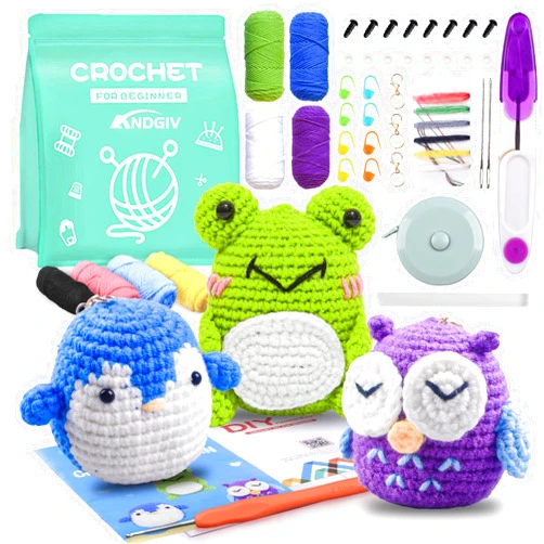 Andgiv Crochet Kit for Beginners Kids Adults - Amigurumi Crocheting Animal Kits, Beginner Knitting Set DIY Art Craft, 3 Pattern Owl, Penguin, Frog, Easy to Learn Tutorials, Yarns, Hook, for Girls Age 12+