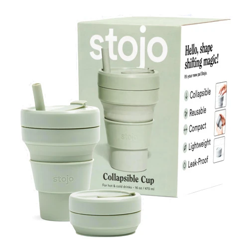 STOJO Collapsible Travel Cup With Straw - Sage Green, 16oz / 470ml - Reusable To-Go Pocket Size Silicone Bottle for Hot and Cold Drinks - Perfect for Camping and Hiking - Microwave & Dishwasher Safe