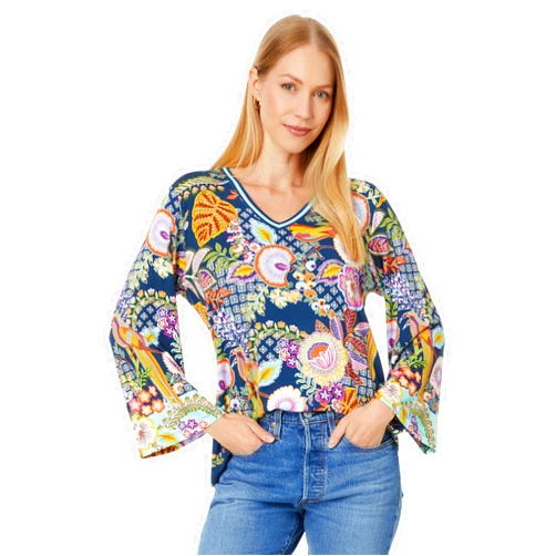 Johnny Was Janie Favorite V Neck Kimono Sleeve Swing Tee Wild Plus Blue Shirt New