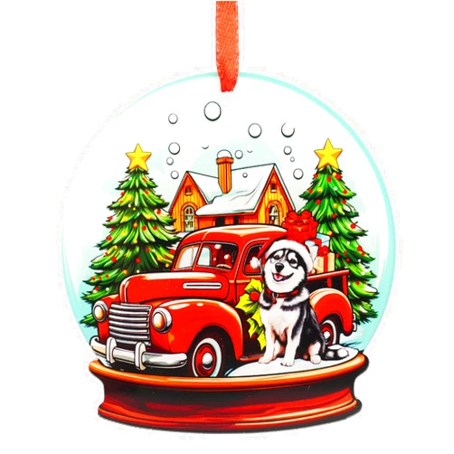SUFAVN Husky Dog Ornament for Christmas - Beautiful Holiday Decoration for Dog Lovers, Dog Owners - 2 Layer Wood Acrylic Hanging Ornament - Xmas Home Decor Christmas