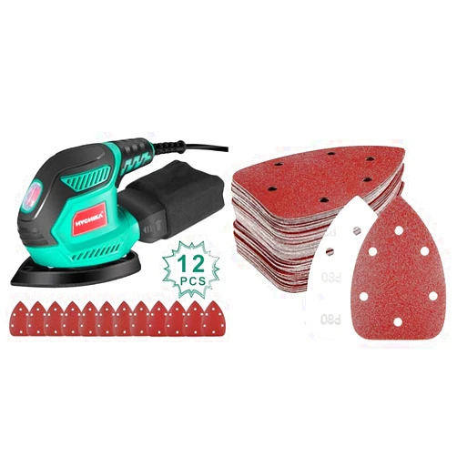 HYCHIKA BETTER TOOLS FOR BETTER LIFE HYCHIKA Detail Sander, 14,000 OPM Compact Electric Sander Tool with 12 Pcs Sandpapers & 60PCS Triangular Sander Sandpaper, Detail Sander Sandpaper Assorted 60/80/100/120/180/240 Grits