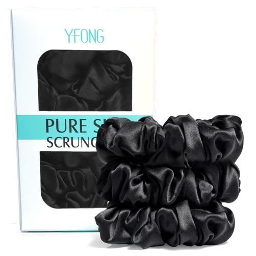 YFONG 3 PCS 100% Silk Scrunchies for Hair Sleep Women Girls, 22 Momme Pure Mulberry Hair Ties for Frizz & Breakage Prevention, Elastic Ponytail Holders Gentle And No hurt (3PCS Black)