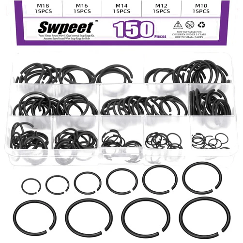 Swpeet 150Pcs 10 Sizes 10mm-26mm Carbon spring steel Manganese Steel Round Wire C-Clips External Snap Ring Assortment Kit, M10 M12 M14 M16 M18 M20 M22 M20 M24 M25 M26 Round Wire Snap Rings for shaft