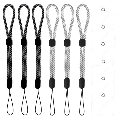 Amaxiu 6 Pcs Hand Wrist Strap Lanyards, Adjustable Phone Short Wrist Lanyards with Tether Patches, Universal Strap for Camera, Keys, Wallet(3 Black, 3 White, 6 Transparent PVC Tether Patches)