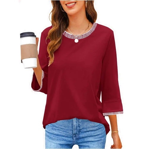 MEROKEETY Women's 3/4 Sleeve Tops Dressy Casual Crew Neck Color Block Loose Trendy Blouses T Shirts