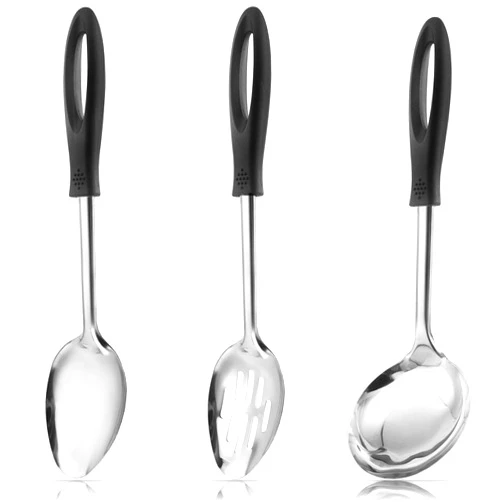 MUJINON 12.5-in Serving Spoons Set, 18/0 Stainless Steel Kitchen Cooking Utensils Set includes Large Soup Ladle, Serving Spoon, Slotted Spoon, Basting Party Wedding Housewarming, 3 Pieces