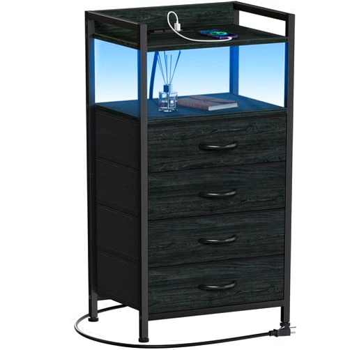 Furnulem 4 Drawer Nightstand with Shelf, Tall Black Dresser for Bedroom with Led Light and Charging Station, Bed Side Table for Living Room, Fabric Storage Bins, Metal Frame, Wood Furniture