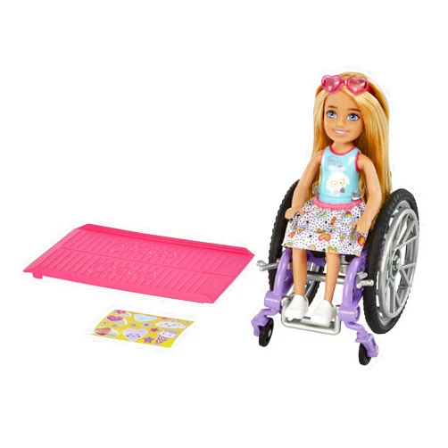 Barbie Chelsea Small Doll & Wheelchair with Moving Wheels, Ramp, Sticker Sheet & Accessories, Blonde Hair