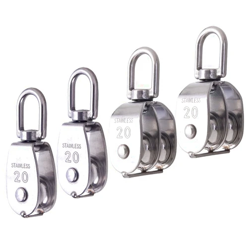 Rocaris 4 Pack M20 Pulley Block, 2 Pcs Single Pulley & 2 Pcs Double Pulley 304 Stainless Steel Wire Rope Lifting Swivel Hook