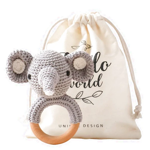 WOODEN TEETHER Wooden Baby Rattle Shaker Toy Crochet Elephant Ring Rattle, Newborn Animal Rattle Toys, Baby Toys for Baby and Infant