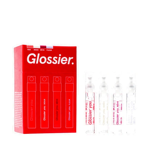 Glossier You Mini Wardrobe Fragrance Set - 4 Unisex Travel Size Eau de Parfum for Women & Men - Skin-Scent Enhancer Perfume Sampler, Smells Different on Everyone - You, Fleur, Doux, Rêve - 1.5ml Each