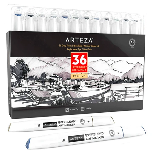 ARTEZA Grayscale Alcohol Markers Set of 36 Tones, Everblend Sketch Pens with Dual Tips, Fine and Broad Chisel