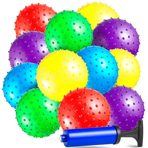 Bedwina Mini Knobby Balls - (Pack of 12) Bulk 5 Inch Sensory Balls and Spiky Massage Stress Balls with Pump, Fun Bouncy Ball Party Favors