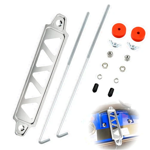 Young Dance Battery Hold Down Bracket, Aluminum Alloy Battery Tie Down Bracket, Battery Tray for Car Battery Mount Bracket Hold Lock Accessories, Car Battery Lock Down - with 10 inches J bolts (Silver)