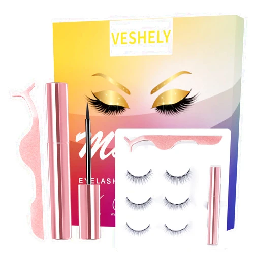 VESHELY Natural Magnetic Eyelashes with Eyeliner,3 Pairs Natural Look False Lashes Kit,3D Short Magnetic Eyelash Set - No Glue Needed