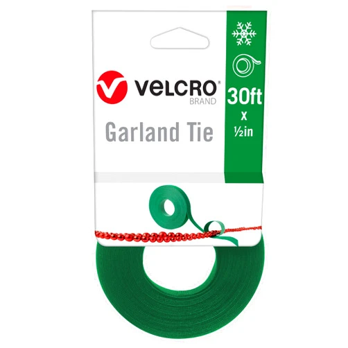 VELCRO Brand Holiday Garland Ties or Cable Straps | Hang Garlands, Lights or Wreath | for Banister, Railings, Stairs or Lamp Posts | 30ft Roll Cut to Custom Length | Green