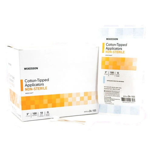 McKesson Cotton-Tipped Applicator Swabstick, Non-Sterile, Wood Shaft, 3 in, 100 Count, 10 Packs, 1000 Total