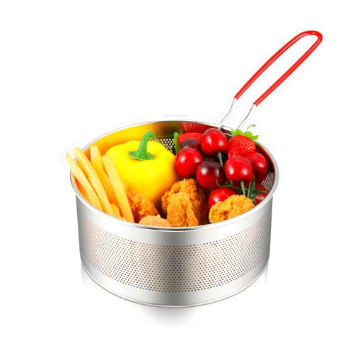 CHUYIREN Deep Fryer Basket, Round Stainless Steel Frying Basket with Long and Foldable Heat Resistant Silicone Handle for Frying French Fries,Chickens,and Boiling Pasta,Potatoes,7