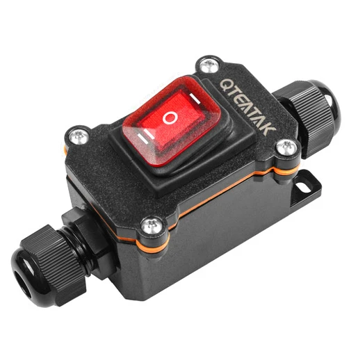 QTEATAK Inline Cord Switch DPST AC/DC 20A-125V,16A-250V,30A-24V,35A-12V, IP66 Waterproof On-Off-On with Red Light Buttons, Two-Side Entry & Exit Line, Outdoor Electrical Start Stop Toggle Switch