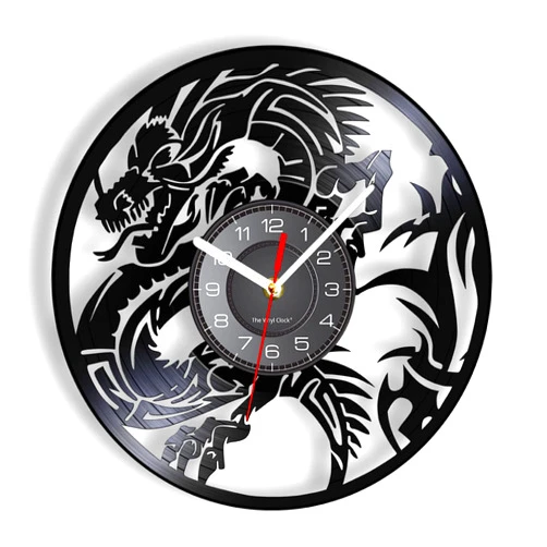 OTKU 30 cm Wall Clock Dragon Wall Clock Made of Real Vinyl Record Mythical Creatures Designed Retro Album Record Clock Hangng Wall Decor for Vintage Room Decoration