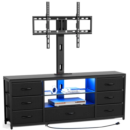 JUSTOGO TV Stand with Mount and 7 Fabric Drawers, Led Entertainment Center with Power Outlets for 32 45 55 60 65 70 inch TVs, Black Dresser with Open Shelves Media Console Cabinet for Living Room Bedroom