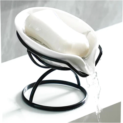 Dobbyby Leaf-Shaped Soap Dish – Premium Ceramic Soap Bar Holder with Self-Drainage System – Bar Soap Holder for Shower, Bathroom Sink, Kitchen – Waterfall Soap Dish with Stainless Steel Stand (Black)