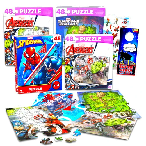 Marvel Heroes Premier Puzzles Set - Bundle with 4 Assorted 48 Piece Avengers and Spiderman Puzzles Plus Stickers and More | Marvel Superhero Puzzles for Boys