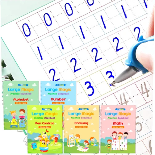 Monking Large Handwriting Magic Grooved Practice Copybook Set: 5-Pack with 2 Pens, Reusable Letter Tracing Learning Kit for Kids Ages 3-8, Ideal for Kindergarten and Preschool Calligraphy and Pen Control
