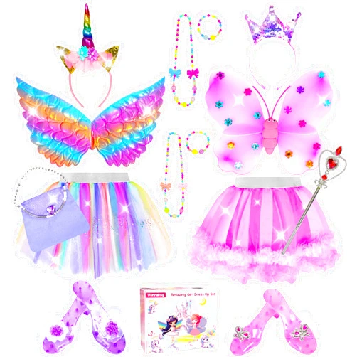 Vunrahsg Princess Dress Up for Girls 4-6 With Tutu Shoes Jewelry Unicorn Headband Butterfly Wing Toddler Dress Up Clothes Pretend Play Fairy Costumes Set for Girls Christmas Birthday Gift 3 4 5 6 7 Girl Toys