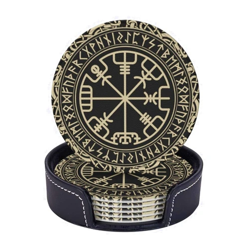 YISHOW Black Celtic Viking Design Drinking Coasters PU Leather Coaster with Holder Coasters for Coffee Table Kitchen Table Bar, Home & Office Gifts, 6pcs