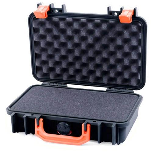 ColorCase Pelican Protector 1150 Case Black - Small Size Waterproof Case with Pick & Pluck Foam & Convoluted Lid Foam - Orange Latches