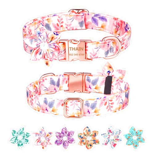 THAIN Custom Flower Girl Dog Collar Personalized for Female Dogs- Floral Pattern Engraved Pet Collars with Name Personalized Rose Gold Buckle (S(neck 10.2-16.5