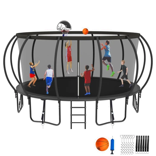Jump Into Fun 1500LBS 16FT 15FT 14FT 12FT 10FT 8FT Tranpoline for Adults Kids, No Gap Design Pumpkin Backyard Tranpoline for Kids and Adults, Basketball Hoop, Safe Enclosure Net, Ladder-ASTM CPC CPSIA