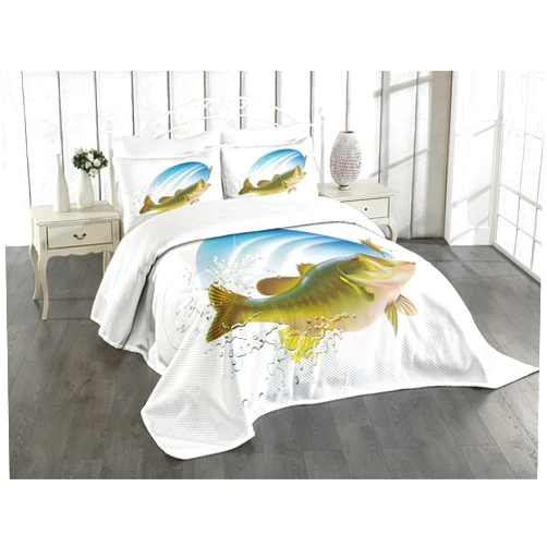 Ambesonne Fishing Bedspread Set, Largemouth Sea Bass Catching a Bite in Water Spray Motion Splashing Wild Image, 3 Piece Decorative Bedding Coverlet and 2 Pillow Shams, Queen Size, Green Blue