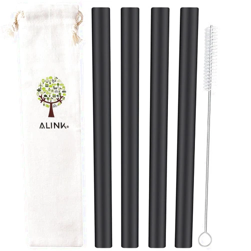 ALINK Reusable Black Silicone Boba Straws, 4-Pack Extra Wide Smoothie Straws for Bubble Tea/Shakes/Tapioca Pearls with Cleaning Brush and Carrying Case