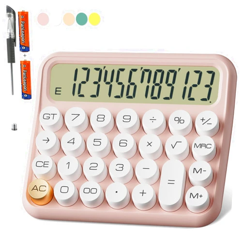 Decklit Mechanical Calculator 12 Digit Extra Large 5-Inch LCD Display, DECKLIT Battery Desk Calculator, Big Buttons Easy to Press Use as Office Calculators Desktop, 15°Tilt Screen for Kids Calculator(Pink)