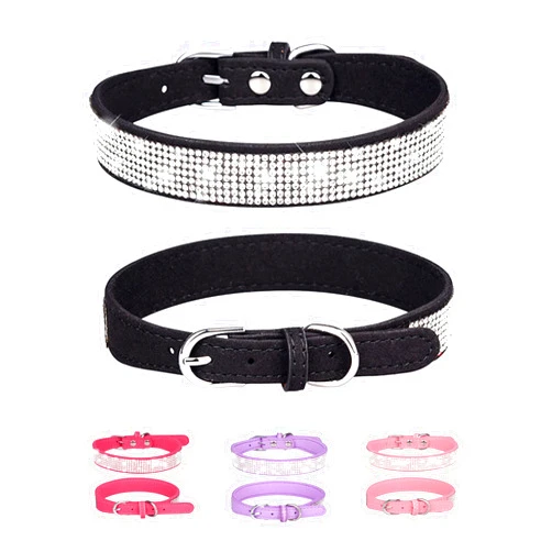 Aecllcea Dog Collar for Small Dogs, Adjustable Leather Suede Bling Dog Collars，Black Dog Collar Cat Collar, Rhinestone Dog Collar(S, Black)