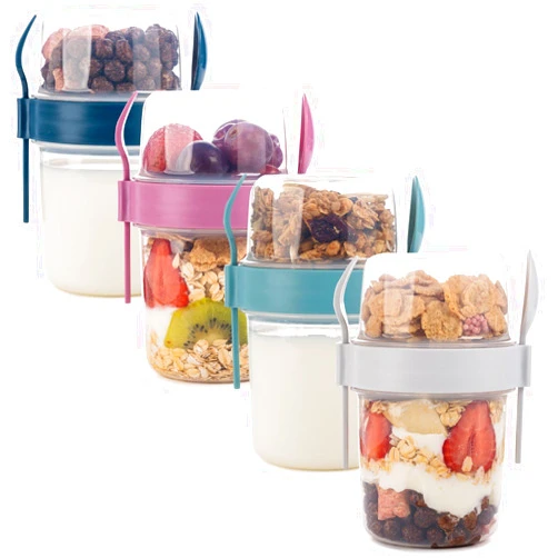 BUATİLO On The Go Cereal Yogurt Cups with Lids and Spoon, Overnight Oats Container, Reusable Parfait Plastic Milk Jar Breakfast Crunch (4 Pcs Mix Colors)