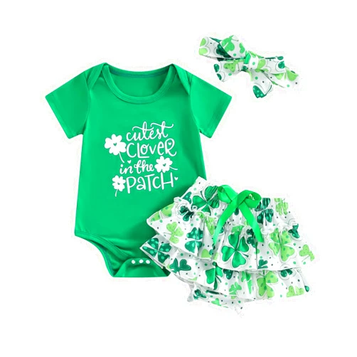 Muasaaluxi St Patricks Day Baby Girl Outfit Short Sleeve Romper Shirts Ruffle Four Leaf Clover Shorts Headband Set